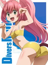  animal_ears ass awa cat_ears cat_tail female green_eyes gundam gundam_build_divers long_hair looking_at_viewer momo_(gundam_build_divers) open_mouth paw_pose pink_hair ponytail smile solo swimsuit tail yashiro_momoka 