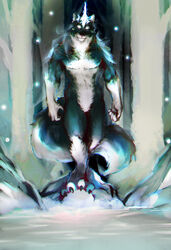  absurd_res anthro bare_chest belly big_tail canid canine canis changeling_(world_of_darkness) clawed_fingers claws fan_character fluffy fluffy_chest fluffy_tail forest forest_background garou_(world_of_darkness) grey_eyes hakken_(world_of_darkness) hi_res hindpaw horn male mammal muscular muscular_male myneonone mythological_canine mythological_creature mythology nature nature_background navel neck_tuft nude orbs paws plant pond scar solo spirits standing_on_rocks tail tree tuft umbra_(wta) viktor_frost were werecanid werecanine werewolf werewolf_the_apocalypse white_arms white_belly white_legs white_wolf_publishing wolf world_of_darkness_(series) 