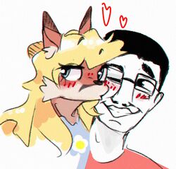  anthro black_hair blonde_hair blue_eyes blush canid canine chudjak clothed clothing digital_media_(artwork) duo eyewear female fox fur glasses hair happy heart_symbol human kissing kissing_cheek lil_sorrow male male/female mammal red_body red_fur simple_background smile soyjak white_background white_body white_skin 