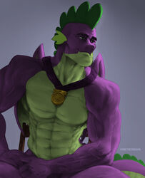  anthro chair dragon ernest_khalimov friendship_is_magic furniture gigachad hasbro jewelry male medallion membrane_(anatomy) membranous_wings meme muscular muscular_anthro muscular_male my_little_pony mythological_creature mythological_scalie mythology necklace purple_body reptile scalie simple_background sitting solo spike_(mlp) tail unknown_artist wings 