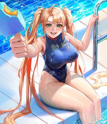  blush breasts female food goggles goggles_around_neck green_eyes incoming_food large_breasts last_origin long_hair nereid_(last_origin) official_alternate_costume one-piece_swimsuit open_mouth orange_hair pool poolside popsicle smile solo swimsuit thighhighs twintails very_long_hair wet wet_hair wonchun 