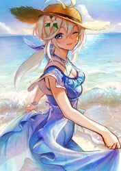  .live :d ;d absurdres antenna_hair beach blue_dress blue_eyes blue_ribbon blue_sky blush bracelet breasts cleavage cloud commentary_request day dennou_shoujo_siro dress female flower hair_between_eyes hair_flower hair_ornament hair_ribbon hair_through_headwear hat highres horizon jewelry long_hair looking_at_viewer medium_breasts ocean one_eye_closed open_mouth outdoors ribbon sidelocks sky sleeveless sleeveless_dress smile solo straw_hat tentsuu_(tentwo) virtual_youtuber water white_flower white_hair 