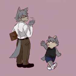  2016 aged_down anthro canid canine canis clothed clothing domestic_dog dress_shirt duo eyewear father_(lore) father_and_child_(lore) father_and_son_(lore) gesture glasses husky kouya_(morenatsu) male mamaito mammal mitsuhisa_aotsuki morenatsu nordic_sled_dog parent_(lore) parent_and_child_(lore) parent_and_son_(lore) purple_background shirt simple_background son_(lore) spitz standing tank_top topwear waving young young_anthro 