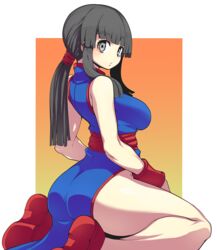  ass bare_shoulders black_hair blue_dress bracer breasts chi-chi_(dragon_ball) china_dress chinese_clothes commentary_request dragon_ball dragon_ball_(classic) dress female from_behind grey_eyes kara_age large_breasts legs looking_at_viewer looking_back low_ponytail no_panties red_footwear sash seiza shoes side_slit sidelocks sitting sleeveless sleeveless_dress solo thick_thighs thighs 