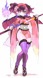  absurdres armor black_hair breasts closed_mouth female full_body ghost hair_ornament highres holding holding_weapon japanese_armor japanese_clothes katana kimono kusazuri legs liba_(leo8d) lips looking_at_viewer momohime momohime_(hitodama) oboro_muramasa purple_thighhighs red_eyes sandals sheath short_hair simple_background solo standing swept_bangs sword thick_thighs thighhighs thighs twintails unsheathing weapon wide_sleeves 