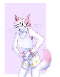  anthro blue_eyes bottomwear clothing digital_drawing_(artwork) digital_media_(artwork) dipstick_tail domestic_cat felid feline felis female fur hands_on_hips hi_res hybrid kitsune2000 mammal markings pallas&#039;s_cat pink_inner_ear pink_tail_tip red_nose shirt shorts simple_background solo standing tail tail_markings tank_top topwear underwear white_body white_clothing white_fur white_shirt white_tail white_tank_top white_topwear young young_female 