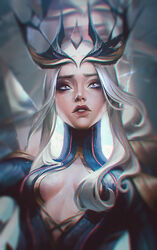  black_bodysuit blue_eyes blurry blurry_background bodysuit breasts collaboration female grey_background grey_hair hair_ornament league_of_legends long_hair medium_breasts parted_bangs parted_lips red_lips solo syndra teeth upper_body zoe_(crownsforkings) 