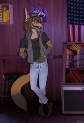  anthro bar boots canid canine clothed clothing confederate_flag cowboy_boots dirty_clothes facial_hair footwear fox foxieboi foxmusk hair hat headgear headwear hi_res long_hair male mammal markings redneck solo texas_flag trucker_hat us_state_flag 