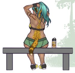  ass blue_hair bottomwear bra cheetah clothed clothing felid feline female fur growth hair human human_to_anthro long_hair lyn_(z-ray) mammal markings ponytail running_shoes shorts shysiren sitting smile solo species_transformation spots spotted_body spotted_fur tail tail_growth transformation underwear yellow_body yellow_fur 