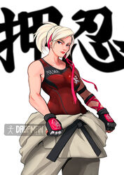  black_gloves blue_eyes breasts clenched_hands commentary covered_navel dougi dropman english_commentary female gloves headband highres karate karate_gi lidia_sobieska lips medium_breasts medium_hair mismatched_eyebrows nose platinum_blonde_hair ponytail red_headband red_tank_top scar scar_across_eye scar_on_face solo studded_gloves tank_top tekken tekken_7 