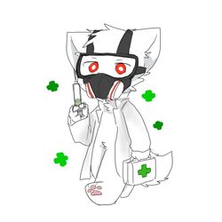  1:1 3_toes 4_fingers anthro canid canine canis changed_(video_game) chano cheek_tuft chest_tuft clothing coat crotch_tuft doctor dr._k_(changed) facial_tuft feet fingers first_aid_kit fur gas_mask head_tuft holding_object lab_coat male mammal mask medical medical_instrument pawpads paws red_eyes scientific_instrument solo syringe toes topwear tuft walking white_back white_body white_fur wolf 