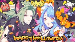  1boy artist_request bell blue_hair breasts claw_pose claws cleavage dragalia_lost dragon dragon_boy dragon_girl dragon_horns female gradient_hair green_hair halloween_costume happy_halloween hat holding holding_wand horns humanoid_mercury_(dragalia_lost) humanoid_midgardsormr_(dragalia_lost) long_hair looking_at_viewer multicolored_hair official_art orange_eyes pink_hair smile wand wavy_hair werewolf_costume witch_hat wolf_boy wolf_paws wrist_cuffs 