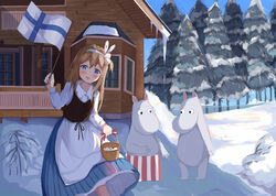  1boy 2girls blue_eyes blush chinese_commentary commentary_request country_connection easter_egg egg finnish_clothes finnish_flag girls&#039;_frontline highres light_brown_hair looking_at_viewer moomin moominmamma moomintroll multiple_girls natsuki_(digretking) outdoors snow suomi_(girls&#039;_frontline) waving_flag winter 