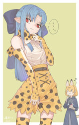  ... 2girls :3 animal_ears bare_shoulders blonde_hair blue_bow blue_coat blue_hair bow bowtie cake coat commentary cosplay costume_switch cowboy_shot don3 eating elbow_gloves empty_eyes extra_ears food fur_collar gloves hairbow highres kemono_friends len_(tsukihime) len_(tsukihime)_(cosplay) long_coat long_hair multiple_girls orange_bow orange_bowtie pointy_ears print_bow print_bowtie print_gloves print_skirt print_thighhighs red_eyes serval_(kemono_friends) serval_(kemono_friends)_(cosplay) serval_print short_hair skirt sleeveless spoken_ellipsis tail thighhighs traditional_bowtie tsukihime two-tone_bowtie white_bow white_bowtie zettai_ryouiki 