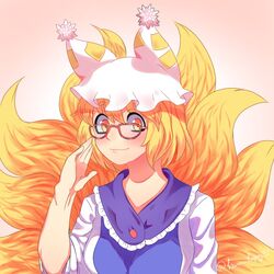  animal_ears blonde_hair blush fox_ears fox_tail glasses hands_in_opposite_sleeves hat kitsune lanalopez92 multiple_tails pillow_hat short_hair tail touhou yakumo_ran 