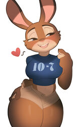  2021 anthro big_breasts blush bottomwear breasts brown_body brown_fur clothed clothing conditional_dnp female fur heart_symbol hi_res high_waisted_bottomwear high_waisted_shorts hotpants lagomorph leporid looking_aside mammal open_mouth rabbit shirt shorts simple_background small_waist solo svarz thick_thighs topwear trisha_rose_(bluelighthouse) white_background wide_hips 