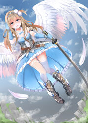  absurdres alternate_costume angel_wings armor armored_boots armored_dress blue_eyes boots dress feathered_wings female flying frilled_dress frills girls&#039;_frontline gloves highres katana light_brown_hair natsuki_(digretking) solo suomi_(girls&#039;_frontline) sword thighhighs weapon wings 