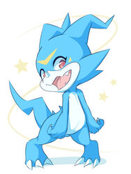  2022 ambiguous_gender anthro bandai_namco blue_body blue_scales blue_tail claws countershade_torso countershading digimon digimon_(species) finger_claws hi_res pink_tongue scales shadow shoru simple_background solo standing tail tongue veemon white_body white_claws white_countershading yellow_body 