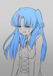  absurdres blue_hair blush brooch chtholly_nota_seniorious commentary_request crying female flat_chest grey_background highres jewelry long_hair long_sleeves mountain_han multicolored_hair shuumatsu_nani_shitemasu_ka? simple_background solo spot_color streaked_hair tears two_side_up upper_body 