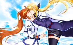  2girls belt black_ribbon black_thighhighs blonde_hair blue_jacket blue_sky bow brown_hair cape closed_eyes cloud commentary_request commission couple cropped_jacket day dress fate_testarossa fate_testarossa_(impulse_form) gloves hair_ribbon hand_on_another&#039;s_face jacket jewelry kissing leoheart long_hair long_sleeves lyrical_nanoha magical_girl mahou_shoujo_lyrical_nanoha_strikers military military_uniform multiple_girls orange_hair outdoors pixiv_commission ponytail red_hair ribbon ring skirt sky takamachi_nanoha takamachi_nanoha_(exceed_mode) thighhighs twintails uniform very_long_hair wedding_ring white_cape white_dress white_jacket white_ribbon wife_and_wife yuri zettai_ryouiki 