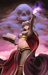  arm_up armpits black_hair book bracelet breasts bridal_gauntlets cape cleavage cloud dark_clouds female fire_emblem fire_emblem_awakening glowing glowing_hand highres jewelry looking_at_viewer magic mynare navel pantyhose parted_lips pelvic_curtain skull solo stomach tharja_(fire_emblem) tiara twintails 