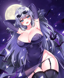  :d armpits arms_behind_head arms_up bare_shoulders black_coat black_panties black_thighhighs blue_eyes breasts cleavage coat covered_navel cowboy_shot dress elbow_gloves elsword eyewear_on_head female full_moon fur_trim garter_straps gloves grey_hair groin large_breasts long_hair looking_at_viewer lowleg lowleg_panties mal_poi moon night no_bra open_mouth outdoors panties purple_dress purple_gloves smile solo standing strapless strapless_dress string_panties sunglasses thigh_gap thighhighs underwear unworn_coat very_long_hair wide_hips 