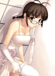  dress eyeglasses gloves idolmaster stockings tagme white_dress white_stockings 