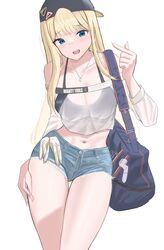  backwards_hat bag bandaid bandaid_on_face bandaid_on_nose baseball_cap blonde_hair breasts centi_(nikke) centi_(supreme_holiday)_(nikke) cleavage clothing_cutout crop_top denim denim_shorts female goddess_of_victory:_nikke hat highres jewelry long_hair looking_at_viewer necklace open_mouth satchel shorts shoulder_cutout smile solo standing white_background xi_oshir1 