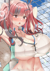  arms_behind_head azur_lane bad_id bad_pixiv_id blush breasts bremerton_(azur_lane) bremerton_(scorching-hot_training)_(azur_lane) chain-link_fence cleavage commentary_request covered_nipples crop_top crop_top_overhang female fence grey_hair hair_ornament heart heart_necklace highres huge_breasts jewelry midriff mole mole_on_breast mole_under_eye multicolored_hair necklace official_alternate_costume partial_commentary pink_eyes pink_hair shirt sleeveless sleeveless_shirt solo sportswear streaked_hair takimoto_yukari tennis_uniform twintails two-tone_hair two-tone_shirt two-tone_skirt x_hair_ornament 