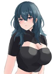  bare_arms blue_eyes blue_hair breasts byleth_(female)_(fire_emblem) byleth_(fire_emblem) cleavage cleavage_cutout clothing_cutout crop_top female fire_emblem fire_emblem:_three_houses hair_between_eyes highres large_breasts looking_at_viewer medium_hair midriff midriff_peek peli_cantaro short_sleeves simple_background solo upper_body white_background 