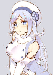  aila_jyrkiainen bare_shoulders blue_eyes blush breasts dress elbow_gloves female flower frown fur_collar gloves grey_background grey_hair gundam gundam_build_fighters hair_flower hair_ornament hat large_breasts long_hair parted_bangs simple_background sleeveless sleeveless_dress solo tatami_to_hinoki 