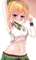  arm_behind_head arm_up armpits bare_shoulders black_choker black_shorts blonde_hair blush bow breasts chloe_(princess_connect!) chloe_(school_festival)_(princess_connect!) choker closed_mouth clothes_around_waist collared_shirt commentary_request cowboy_shot female green_bow green_jacket groin gym_uniform hair_between_eyes hairbow high_ponytail highres imono_y jacket jacket_around_waist long_hair looking_at_viewer medium_breasts midriff navel official_alternate_costume plaid plaid_bow plaid_collar pointy_ears princess_connect! purple_eyes shirt shorts sidelocks sleeves_rolled_up smile solo standing taut_clothes taut_shirt tied_shirt v white_shirt wristband 