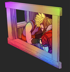  1boy aerith_gainsborough alt_text bangle belt black_background black_gloves blonde_hair blue_pants blue_shirt bracelet brown_belt brown_hair closed_eyes cloud_strife female final_fantasy final_fantasy_vii final_fantasy_vii_remake gloves gondola hair_between_eyes hair_pulled_back hair_ribbon herzenreine holding_hands jewelry kissing long_hair pants pink_ribbon ribbon shirt short_hair sidelocks single_bare_shoulder sitting sleeveless sleeveless_turtleneck spiked_hair straight suspenders turtleneck upper_body window 