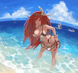  2boys 3girls absurdres alexiel_(summer)_(granblue_fantasy) beach bikini blue_eyes breasts cleavage commentary commission day fisheye gabriel_(granblue_fantasy) godsworn_alexiel granblue_fantasy hair_ornament highres large_breasts leaning_forward looking_at_viewer michael_(granblue_fantasy) multiple_boys multiple_girls n9+ navel o-ring o-ring_bikini o-ring_top ocean outdoors parted_lips raphael_(granblue_fantasy) red_hair scrunchie skeb_commission skirt smile standing swimsuit uriel_(granblue_fantasy) wading wrist_scrunchie 