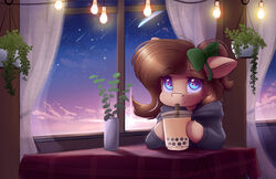  absurd_res accessory ardail beverage blue_eyes bow_(feature) bow_ribbon brown_hair bubble_tea clothing drinking equid equine fan_character female feral hair hair_accessory hair_ribbon hairbow hasbro hi_res hoodie horse looking_at_viewer mammal meteor_shower mocha_latte mountain my_little_pony night pony ribbons shooting_star sitting solo topwear window 