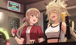  2girls aerith_gainsborough aerith_gainsborough_(cosplay) alcohol animal_ears bar_(place) beer blonde_hair blush bracelet breasts brown_hair cat_ears cat_tail choker cosplay crop_top cropped_jacket cup curtains dartboard dress elbow_pads fangs final_fantasy final_fantasy_vii final_fantasy_vii_remake fingerless_gloves gloves hair_between_eyes hair_ornament hair_ribbon hairclip highres holding holding_cup holding_hands indie_virtual_youtuber indoors jacket jewelry jukebox large_breasts long_hair midriff multiple_girls neon_lights nitori_harukawa nuenue one_eye_closed open_mouth pink_dress ponytail red_jacket ribbon shirt short_sleeves sidelocks small_breasts smile sports_bra suspenders tail teeth tifa_lockhart tifa_lockhart_(cosplay) upper_teeth_only virtual_youtuber white_shirt white_sports_bra window yellow_eyes yuma_yamano 