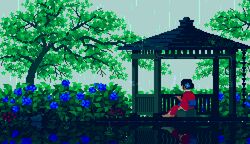  animated animated bad_id bad_tumblr_id bird black_hair duck female flower from_behind gazebo green_theme hair_flower hair_ornament hydrangea japanese_clothes kimono looping_animation lowres mallard original outdoors pixel_art rain red_kimono reflection scenery sky smoking solo taking_shelter toyoi_yuuta tree 