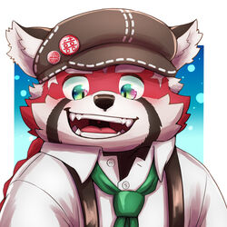  1:1 2021 absurd_res ailurid anthro biped black_body black_nose blush bust_portrait clothing hat headgear headwear hi_res kemono lifewonders mammal necktie portrait red_body red_panda shirt solo suspenders tokyo_afterschool_summoners topwear watoson white_body zhurong_(tas) 