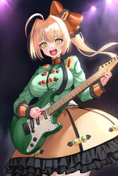  ahoge blonde_hair blush breasts fate/grand_order fate_(series) female green_eyes green_shirt guitar hair_between_eyes hair_intakes hair_ornament highres instrument large_breasts long_hair long_sleeves looking_at_viewer nero_claudius_(fate) nero_claudius_(lostroom_outfit)_(fate) official_alternate_costume open_mouth orange_skirt plectrum shinsaku_(stan-art) shirt side_ponytail skirt smile solo 