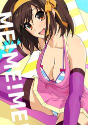  blush bra breasts brown_eyes brown_hair cleavage commentary copyright_name cosplay dress elbow_gloves female gloves hair_between_eyes hairband hand_to_head haruhisky highres large_breasts looking_at_viewer me!me!me! meme_(me!me!me!) meme_(me!me!me!)_(cosplay) one_eye_closed open_mouth panties short_dress sitting smile solo spread_legs suzumiya_haruhi suzumiya_haruhi_no_yuuutsu tongue underwear 