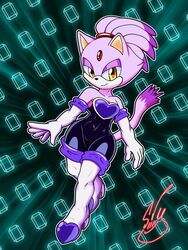  3:4 accessory amber_eyes anthro barely_sly blaze_the_cat clothing domestic_cat felid feline felis female fur hair_accessory hi_res looking_at_viewer mammal purple_body purple_fur rouge_the_bat sega signature solo sonic_the_hedgehog_(series) tight_clothing white_body white_fur wide_hips 