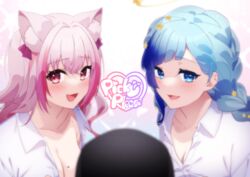  2girls :d animal_ear_fluff animal_ears bad_id bad_pixiv_id blue_eyes blue_hair blurry blurry_foreground blush braid breasts cleavage collarbone collared_shirt commentary_request copyright_request depth_of_field dress_shirt hair_between_eyes hair_ornament halo heart highres indie_virtual_youtuber kitasaya_ai long_hair looking_at_viewer medium_breasts multicolored_hair multiple_girls ookami_kuon pink_hair purple_hair red_eyes sasayaki_hisori shirt smile star_(symbol) star_hair_ornament two-tone_hair virtual_youtuber white_shirt 