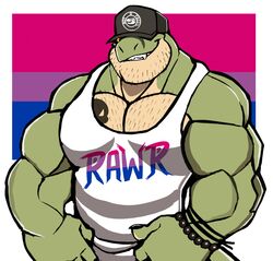  2022 absurd_res anthro baseball_cap biceps big_biceps big_deltoids big_muscles bisexual_pride_colors black_tattoo bracelet cheek_tuft chest_tattoo claws clothed clothing colored countershade_body countershade_face countershade_neck countershade_scales countershade_torso countershading dark_tattoo darknaigart deltoids digital_drawing_(artwork) digital_media_(artwork) dinosaur english_text extinct facial_hair facial_tuft green_arms green_body green_face green_fingers green_hands green_head green_legs green_neck green_scales hat headgear headwear hi_res huge_deltoids huge_muscles hyper hyper_biceps hyper_deltoids hyper_muscles hyper_triceps jace_(darknaig) jewelry lgbt_pride lgbt_pride_month light_arms light_body light_chest light_eyes light_face light_fingers light_hands light_head light_legs light_neck looking_at_viewer male male_anthro manly mature_anthro mature_male monotone_arms monotone_chest multicolored_body multicolored_scales multicolored_text muscular muscular_anthro muscular_arms muscular_male neck_muscles pecs prehistoric_species pride_color_background pride_color_clothing pride_color_shirt pride_color_tank_top pride_color_text pride_color_topwear pride_colors print_clothing reptile scale_tattoo scales scalie shirt simple_background skull_symbol skull_tattoo small_eyes smile smirk solo standing symbol symbol_tattoo tan_body tan_chest tan_countershading tan_face tan_head tan_neck tan_scales tank_top tattoo teeth text text_on_clothing text_on_shirt text_on_tank_top text_on_topwear theropod topwear trapezius triceps tuft two_tone_body two_tone_face two_tone_head two_tone_neck two_tone_scales tyrannosaurid tyrannosauroid tyrannosaurus tyrannosaurus_rex white_background yellow_eyes 