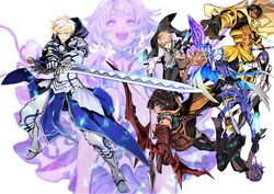  3girls 5boys arash_(fate) armor arthur_pendragon_(fate) bare_pectorals blonde_hair bow_(weapon) brynhildr_(fate) brynhildr_romantia cape cleavage_cutout clothing_cutout dark-skinned_female dark-skinned_male dark_skin drawing_bow excalibur_(fate/prototype) fate/grand_order fate/prototype fate/prototype:_fragments_of_blue_and_silver fate_(series) green_hair hassan_of_serenity_(fate) highres holding holding_bow_(weapon) holding_weapon inset jekyll_and_hyde_(fate) miwa_shirow multiple_boys multiple_girls ozymandias_(fate) paracelsus_(fate) pectorals sajou_manaka weapon 