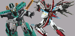  800_tsubame_(shinkalion) bow_(weapon) geri_kumaarashi grey_background h5_hayabusa_(shinkalion) holding holding_bow_(weapon) holding_sword holding_weapon looking_at_viewer looking_to_the_side mecha mechanical_wings no_humans open_hand robot science_fiction shinkalion_(series) shinkansen_henkei_robo_shinkalion sword v-fin weapon wings yellow_eyes 