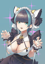  :d animal_ears apron aqua_eyes aqua_nails azur_lane black_dress black_hair black_ribbon blue_background blunt_bangs breasts cheshire_(azur_lane) claw_pose cleavage commentary_request cowboy_shot dress earrings fangs female frilled_hairband frilled_ribbon frills hair_intakes hairband halterneck jewelry large_breasts long_ribbon looking_at_viewer maid maid_headdress multicolored_hair neck_ribbon open_mouth photoshop_(medium) purple_apron ribbon shimotsuki_eight sidelocks simple_background smile solo standing streaked_hair wrist_cuffs 