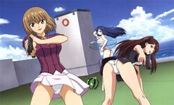  3girls aika_(series) aika_r-16 aika_r-16_school_uniform aiming aiming_at_viewer ascot ass bent_over blue_eyes blue_hair blue_sky blush braid breasts brown_hair cloud cloudy_sky crotch_seam day food fruit green_eyes gun highres jacket kneepits large_breasts long_hair looking_at_viewer minamino_karen multiple_girls ocean official_art open_mouth outdoors panties pink_panties pink_skirt purple_shirt red_hair school_uniform shingai_eri shirt short_hair side_braid single_braid skirt sky smile standing sumeragi_aika tile_floor tiles topless trigger_discipline twintails underwear watermelon weapon white_panties yamauchi_noriyasu yellow_ascot 