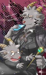  3pdta 5:8 anthro black_body black_fur bovid butler caprine chibi clothing duo fur goat hi_res horn lifewonders male mammal mephistopheles_(tas) salomonkun suit tokyo_afterschool_summoners 