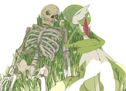  ap1os bone closed_eyes death evolutionary_stone feels female flower gardevoir generation_3_pokemon grass hand_on_belly hi_res lying mega_stone nintendo not_furry on_back on_grass on_ground pelvis plant pokemon pokemon_(species) rib_cage sad simple_background skeleton skull sleeping solo white_background 