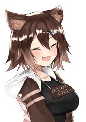  :3 :d animal_ear_fluff animal_ears blush breasts brown_hair cat_ears closed_eyes commentary_request female fish_hair_ornament fumino_tamaki fumino_tamaki_(1st_costume) hair_between_eyes hair_ornament hood hood_down hoodie large_breasts nemun_(tamizzz) nijisanji oerba_yun_fang open_mouth short_hair simple_background smile solo translation_request upper_body virtual_youtuber white_background 